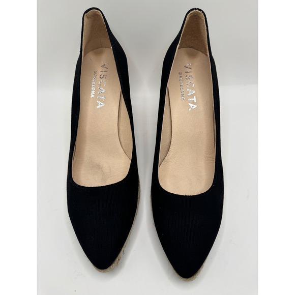 Viscata Shoes Women 9 Black Roses Canvas V Cut Espadrille Wedges Preppy Luxury - Picture 8 of 12